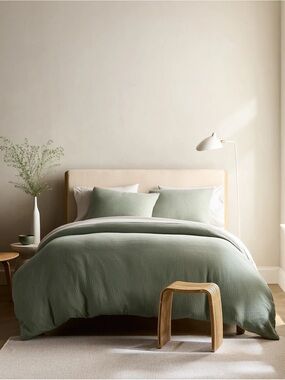 Quince Sage Green Organic Cotton Guaze QUEEN Duvet Cover Set w/ 2 Shams - NEW